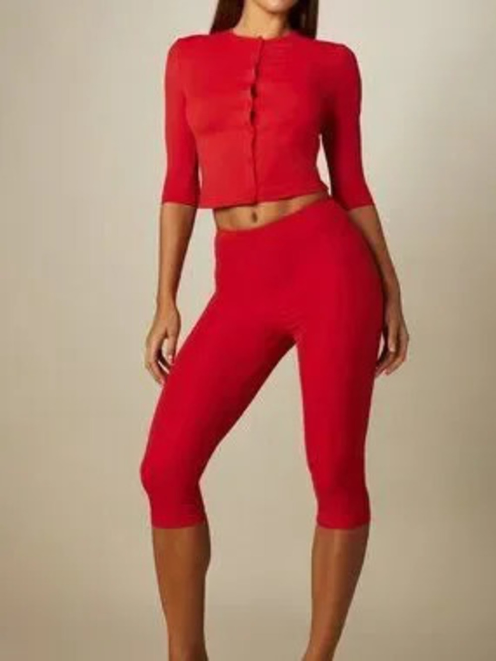 Red Casual Women's Half Sleeve Button-Up Crop Top & Capri Leggings Two-Piece Set